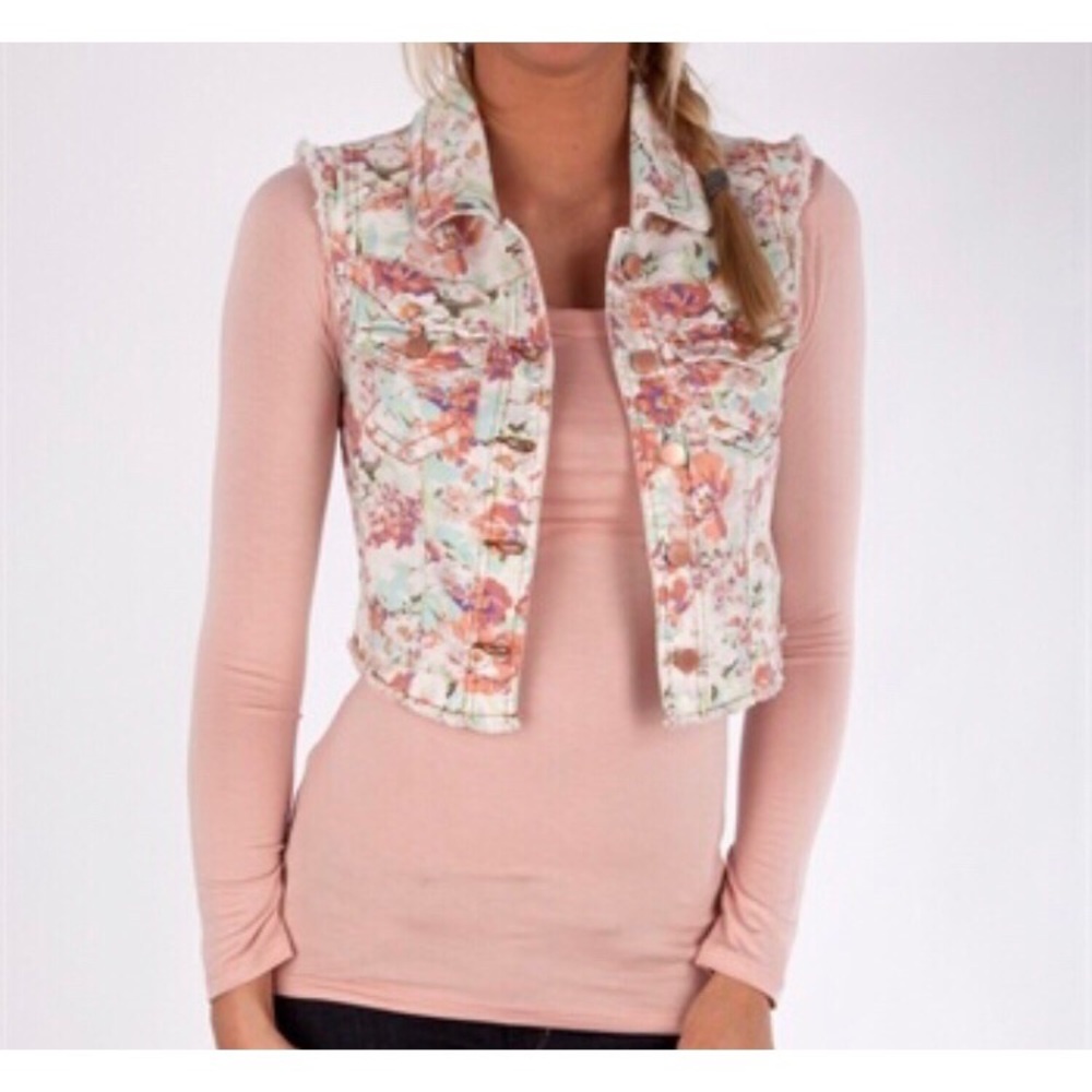 White floral cropped jean vest